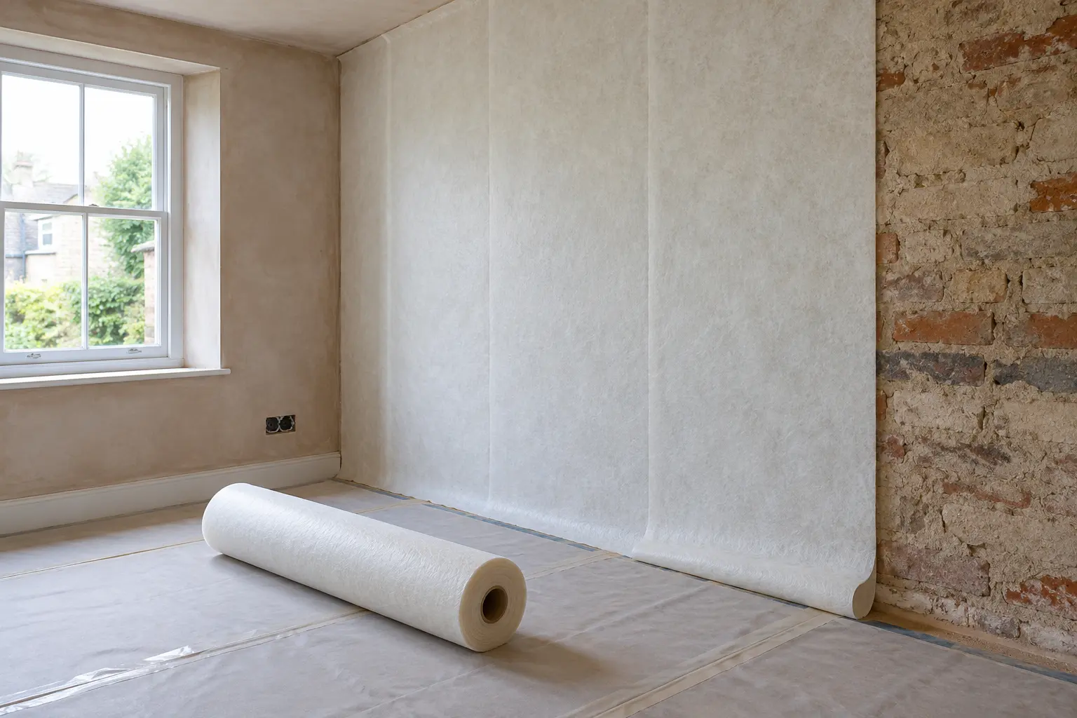Ultra-thin internal wall insulation roll beside a lined wall