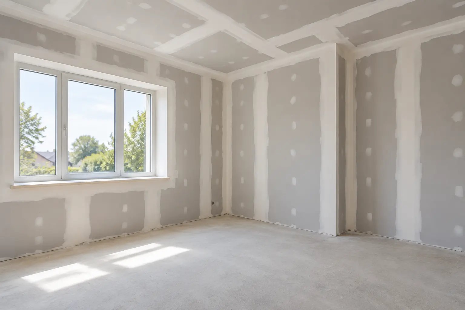 Plasterboard walls and ceiling with taped and jointed seams