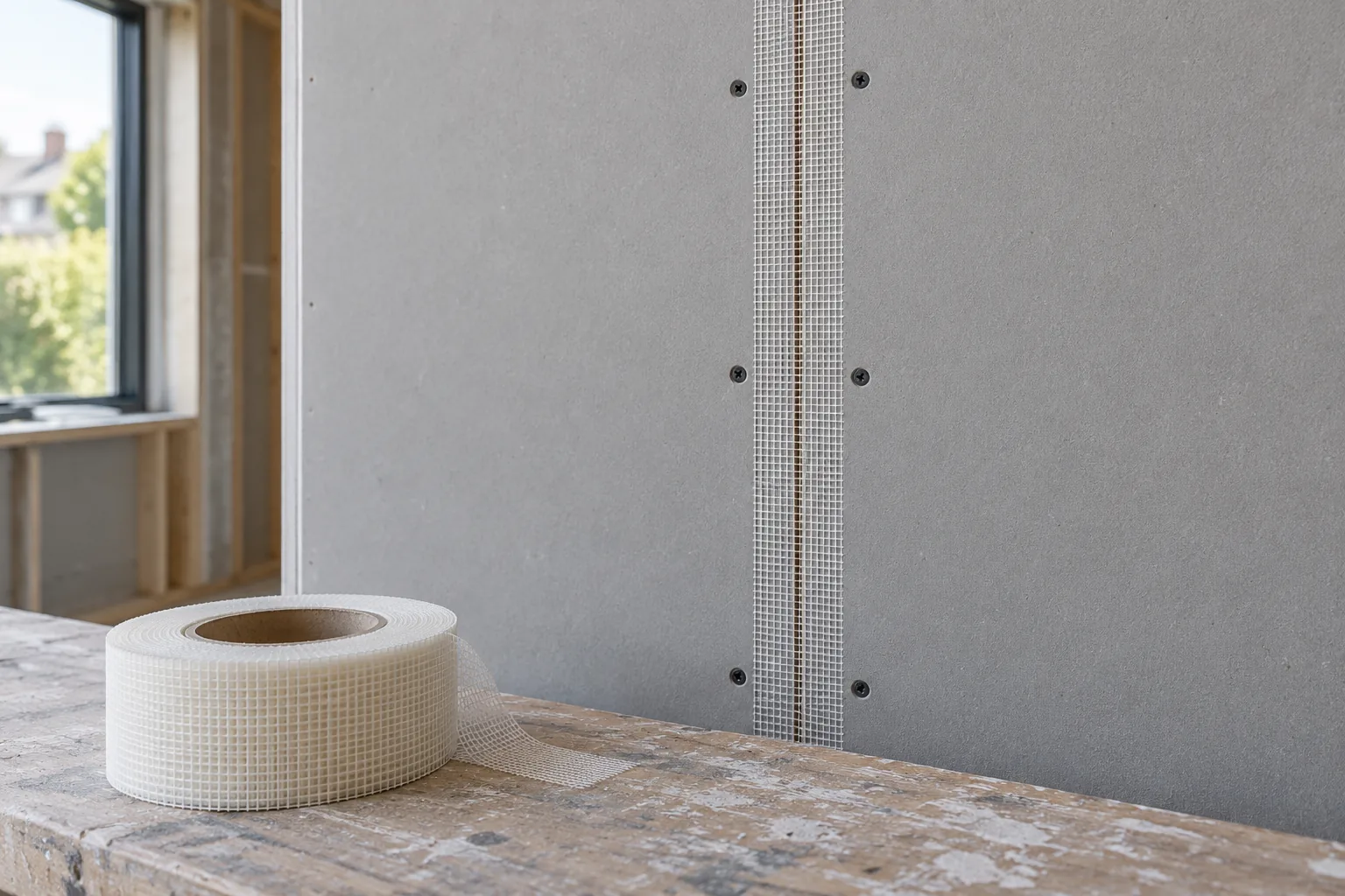 Mesh joint tape over a plasterboard seam beside a roll of tape
