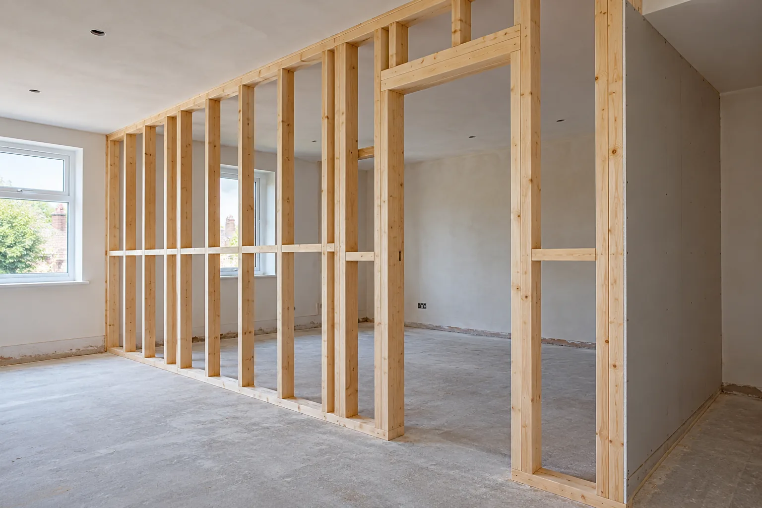 Timber stud partition with a doorway and partial plasterboard lining