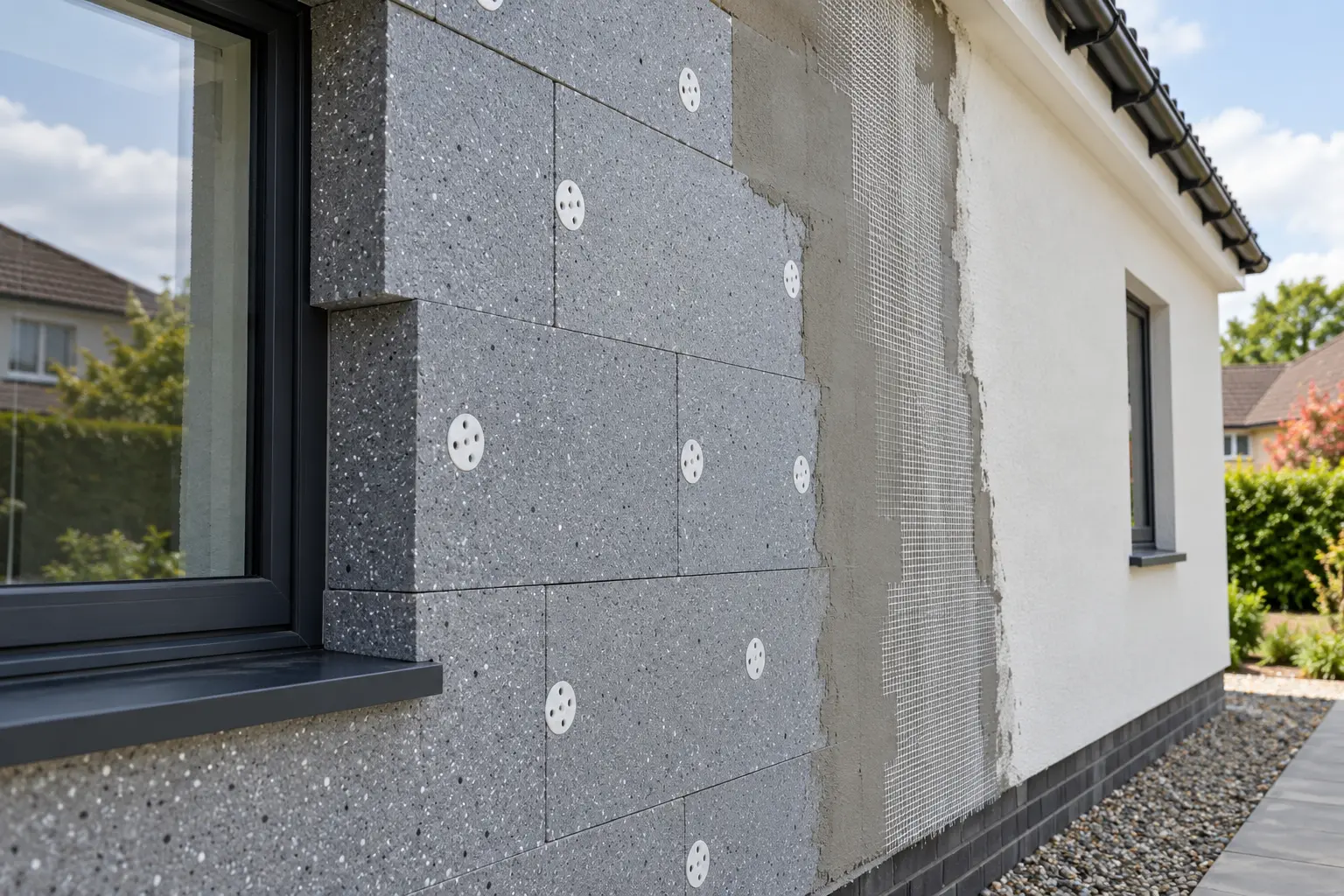 External wall insulation boards, reinforcing mesh and finished render