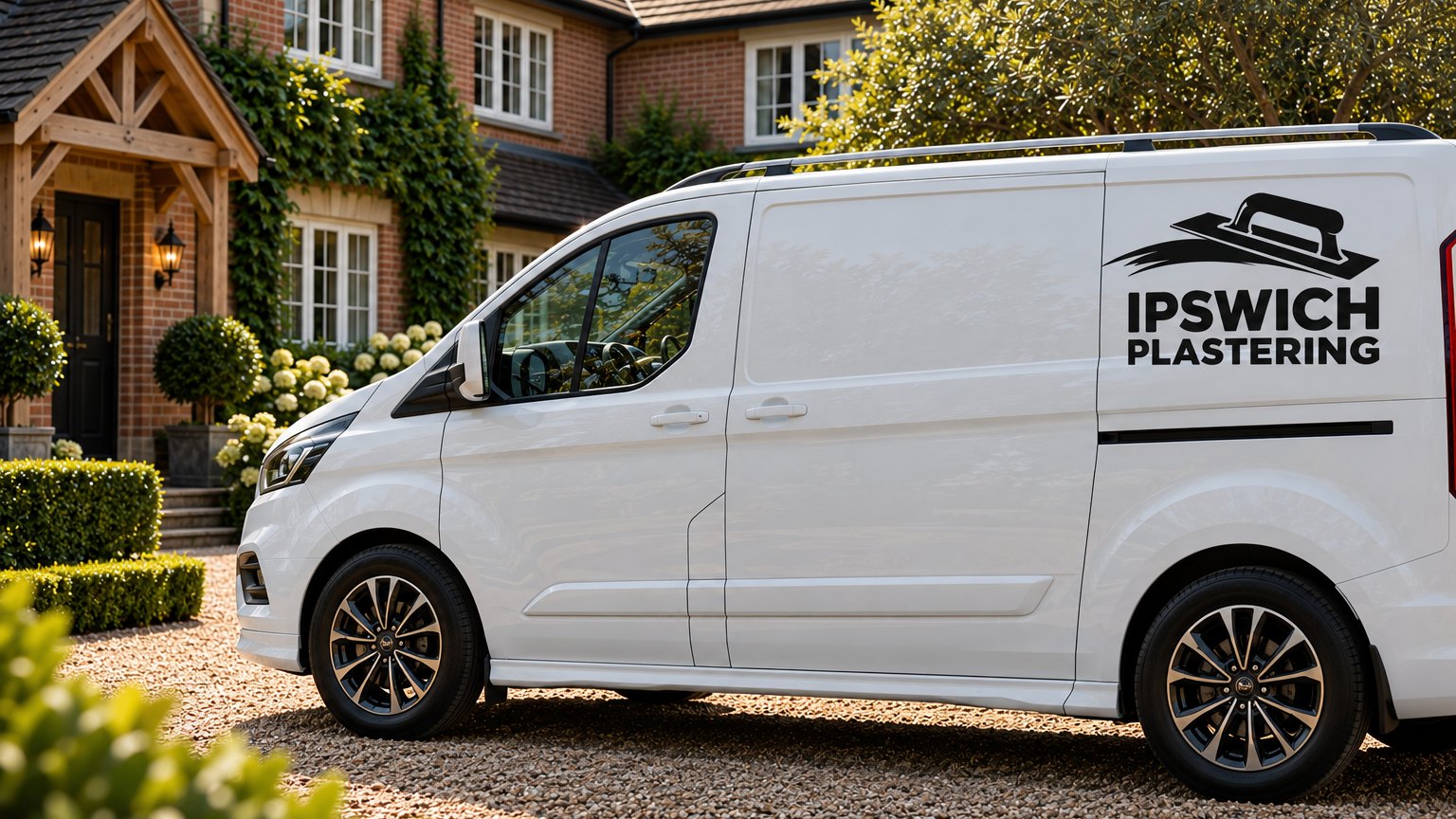 Ipswich Plastering van parked on a gravel drive outside a red brick home