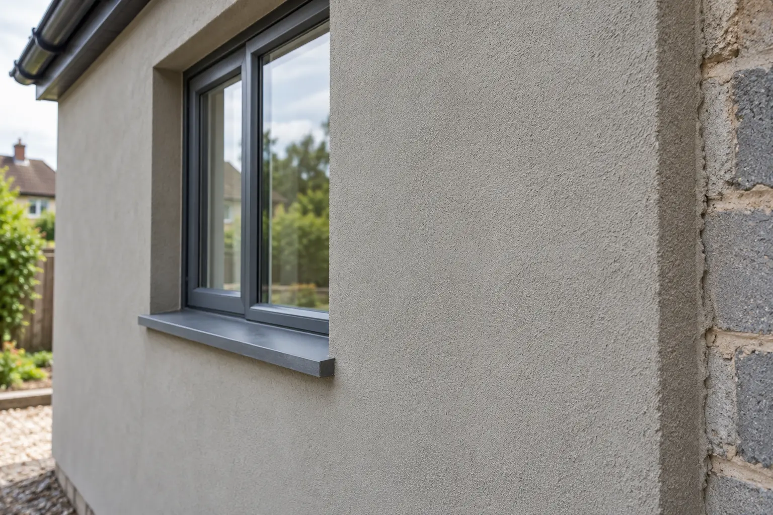 Sand and cement render finish beside exposed blockwork
