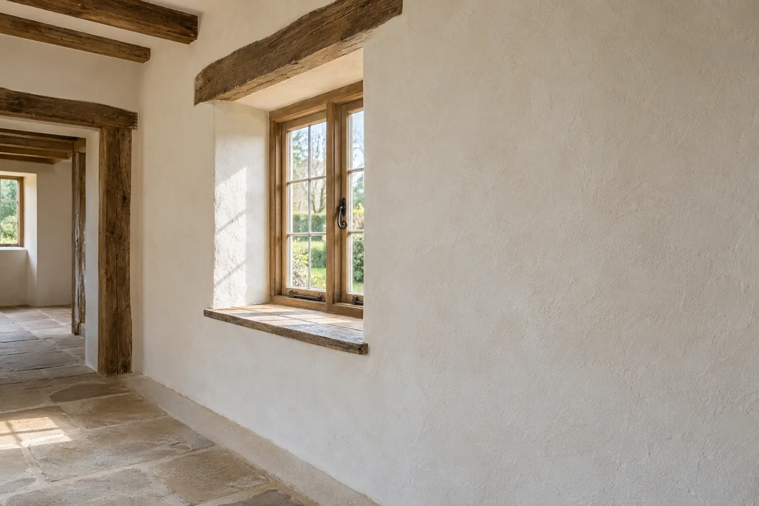 Lime plastered interior wall with exposed timber beams