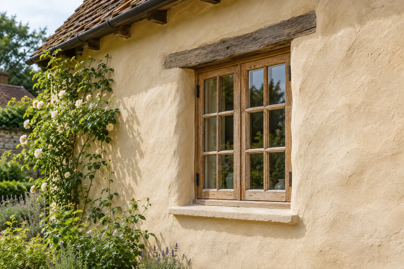 Lime rendered cottage exterior around a timber window