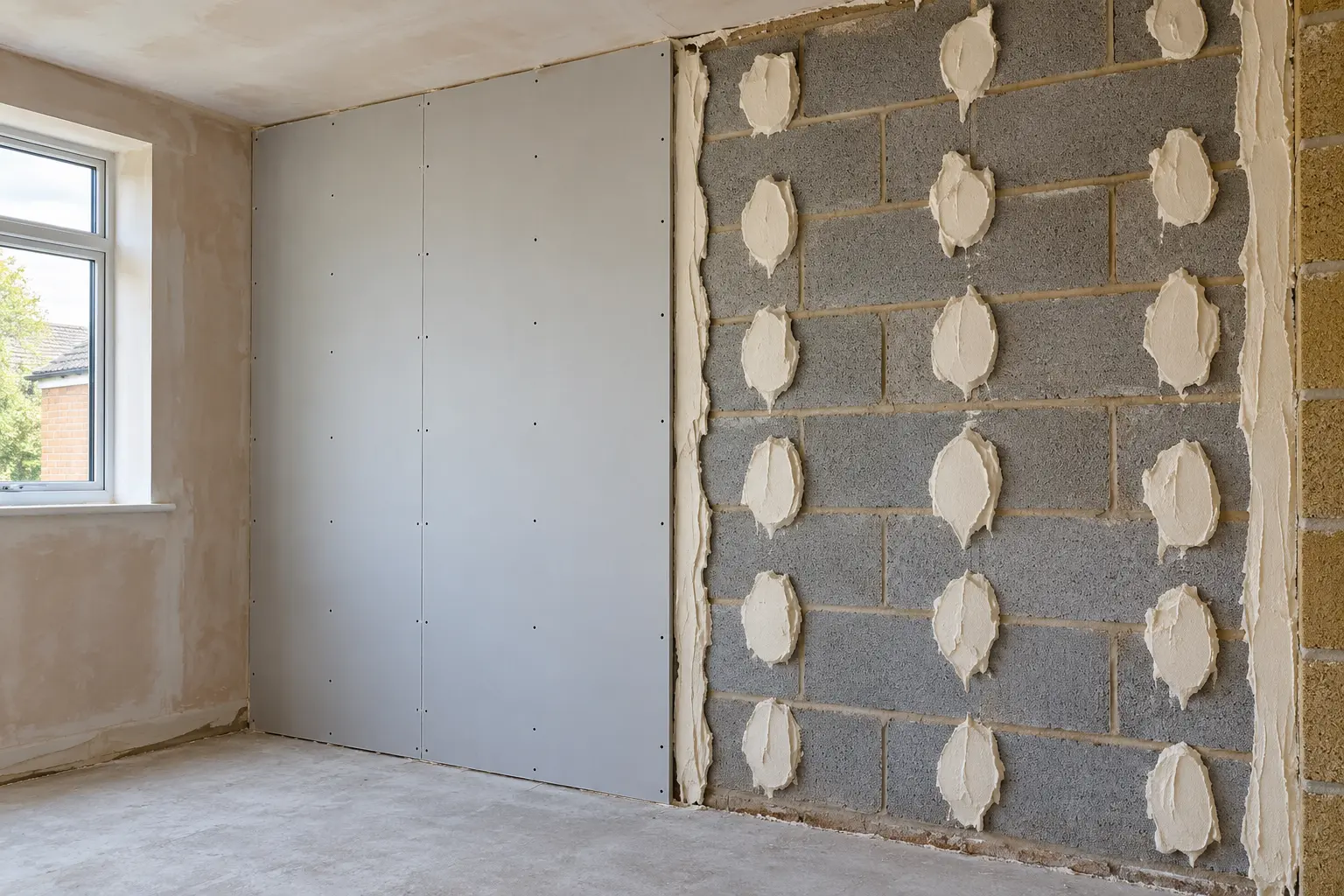 Plasterboard fixed beside adhesive dabs on a blockwork wall