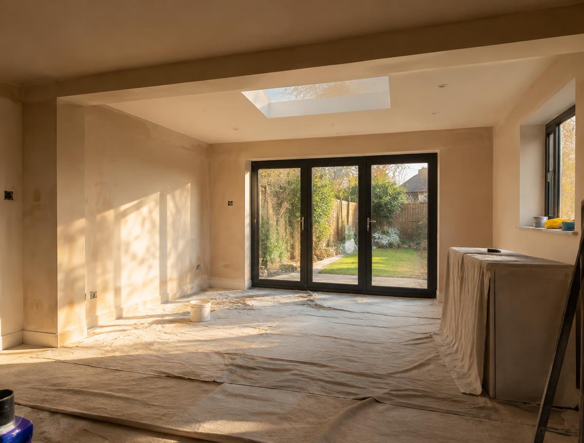 Home extension with newly plastered walls (illustrative)